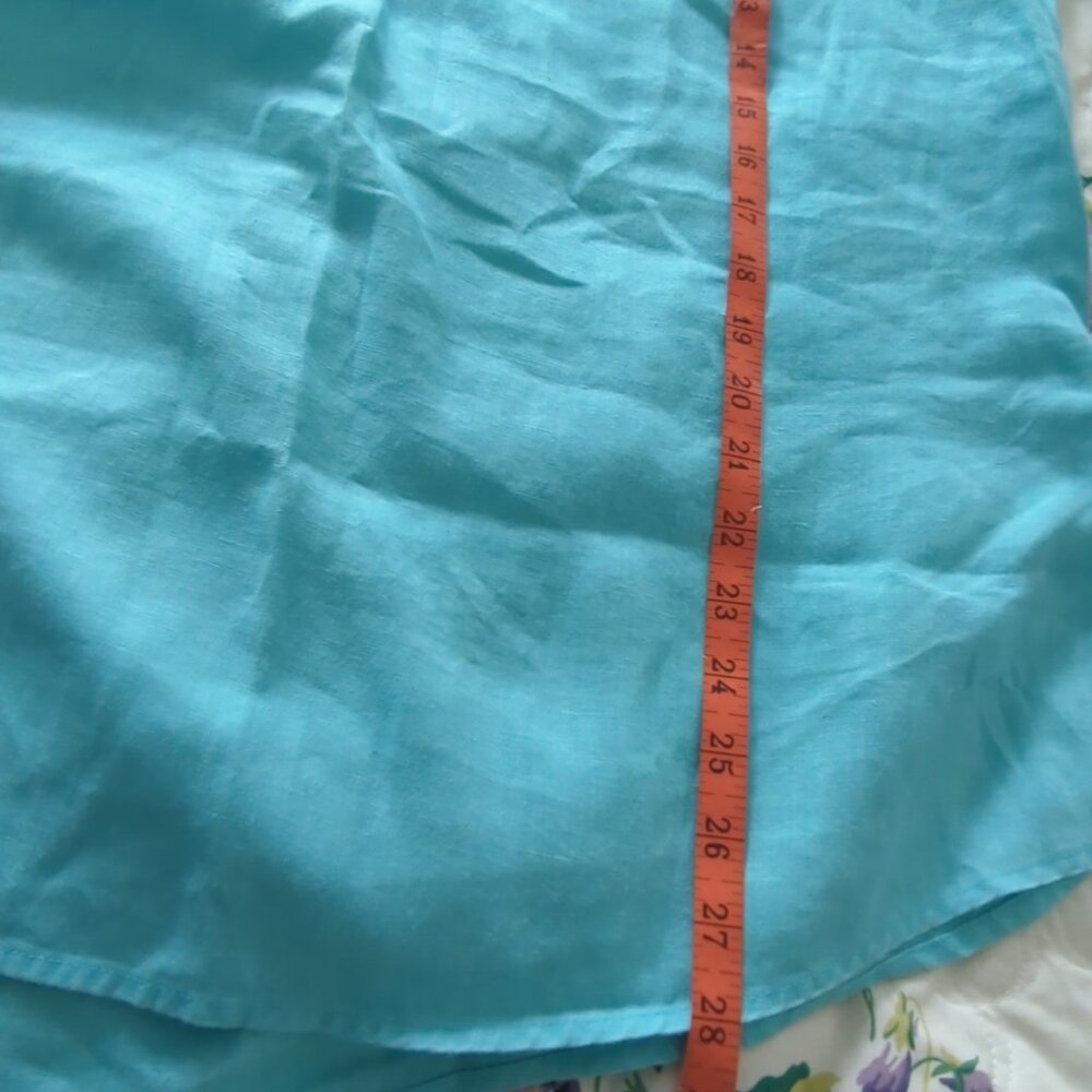 Silk Land Woman 100% Linen Top Tunic Turquoise Crochet Mesh Trim Size 1X-lp43 - Picture 8 of 11